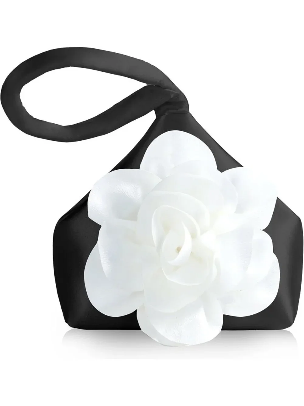 〽️ Women’s Black White Satin Flower Triangle Clutch Wristlet Purse Evening Bag
